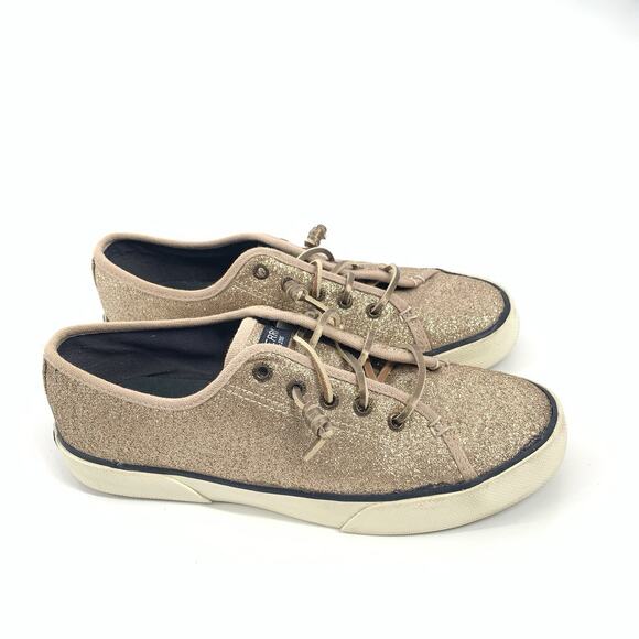 Sperry Top Sider Glitter Covered Sneakers Size 8 Womens Gold Slip On Canvas - Picture 3 of 8